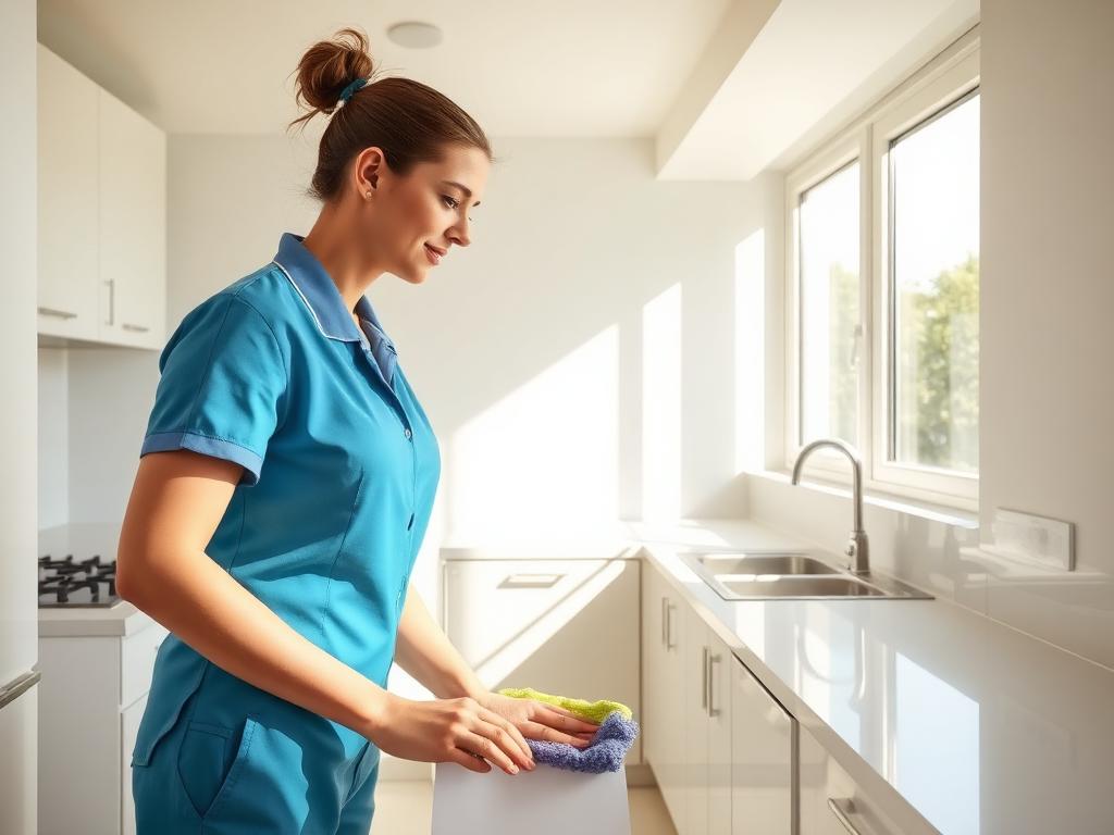 Professional cleaner polishing a spotless rental kitchen