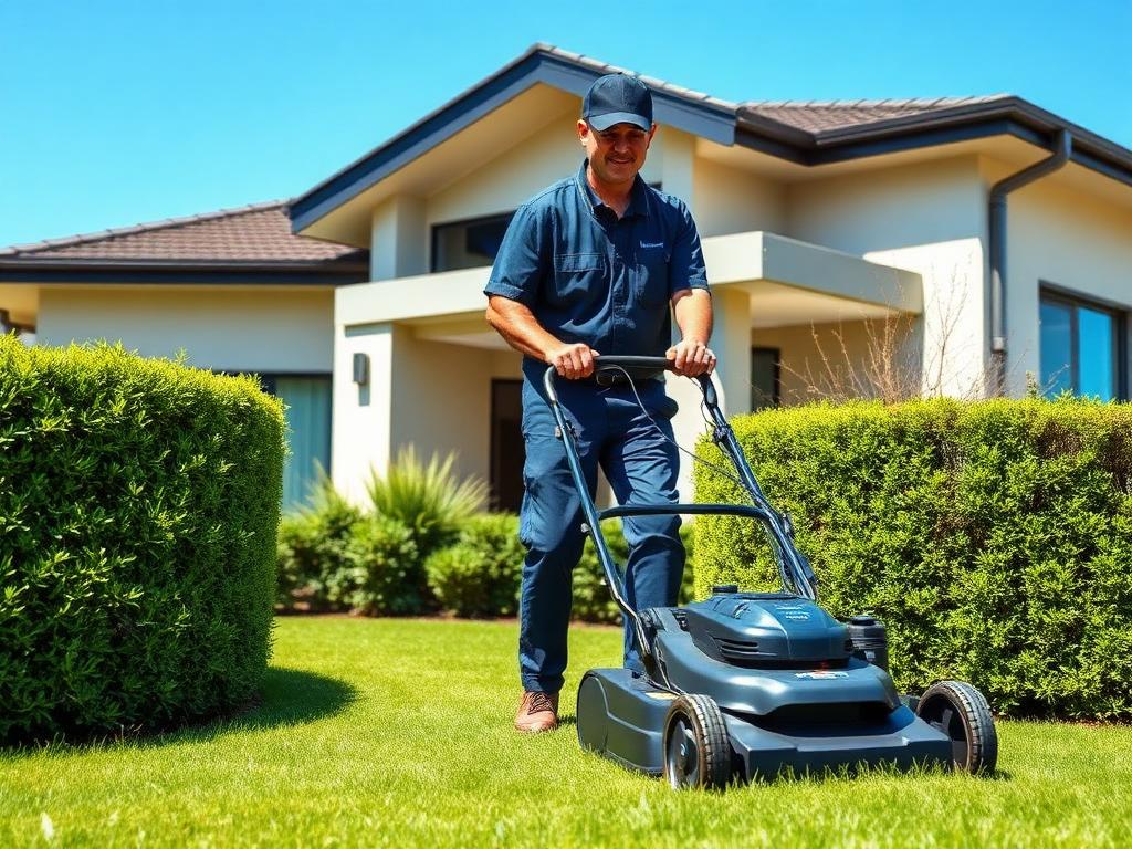 Gardener mowing a green lawn in front of a modern home
