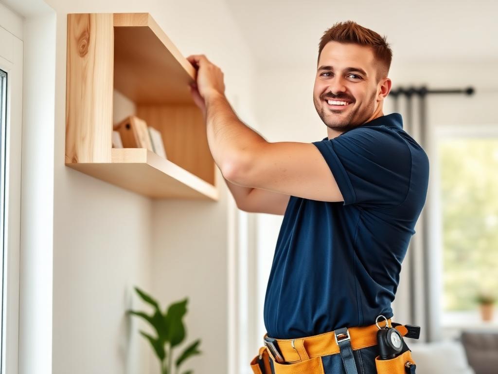 Handyman installing a timber shelf in a bright home