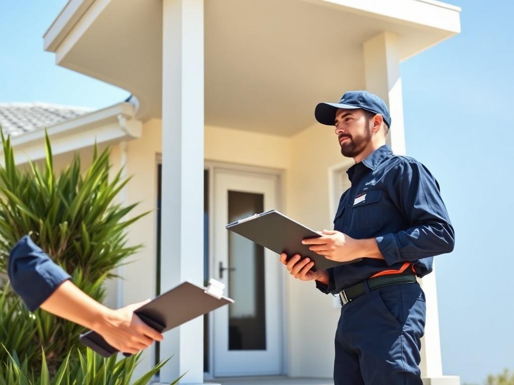 Maintenance worker checking a job list outside a suburban rental property