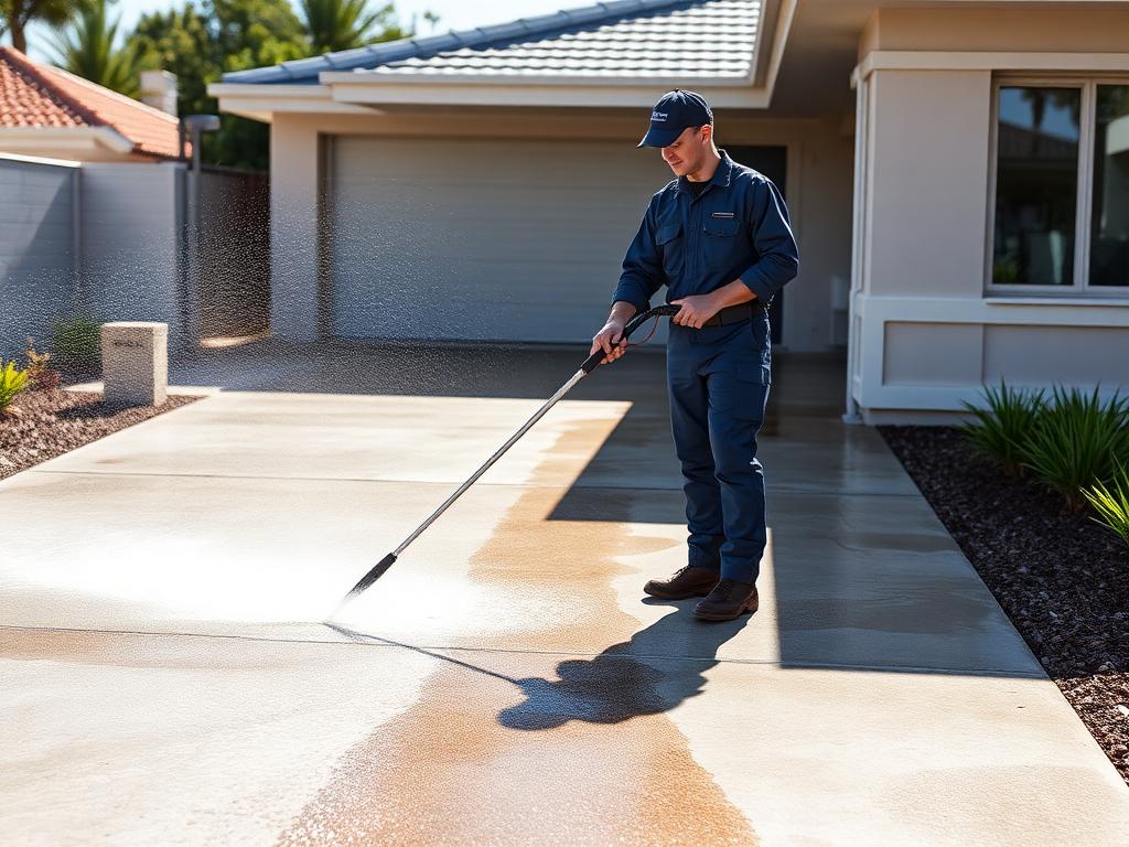 Worker pressure cleaning a concrete driveway