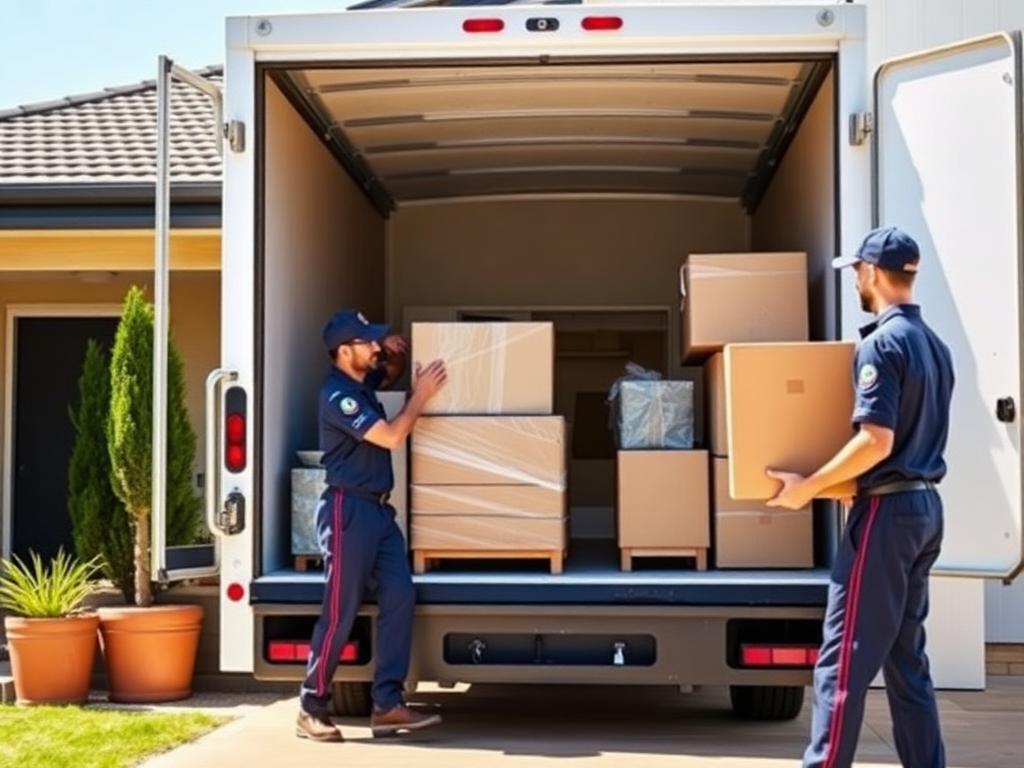 Removalists loading wrapped furniture into a modern removals truck