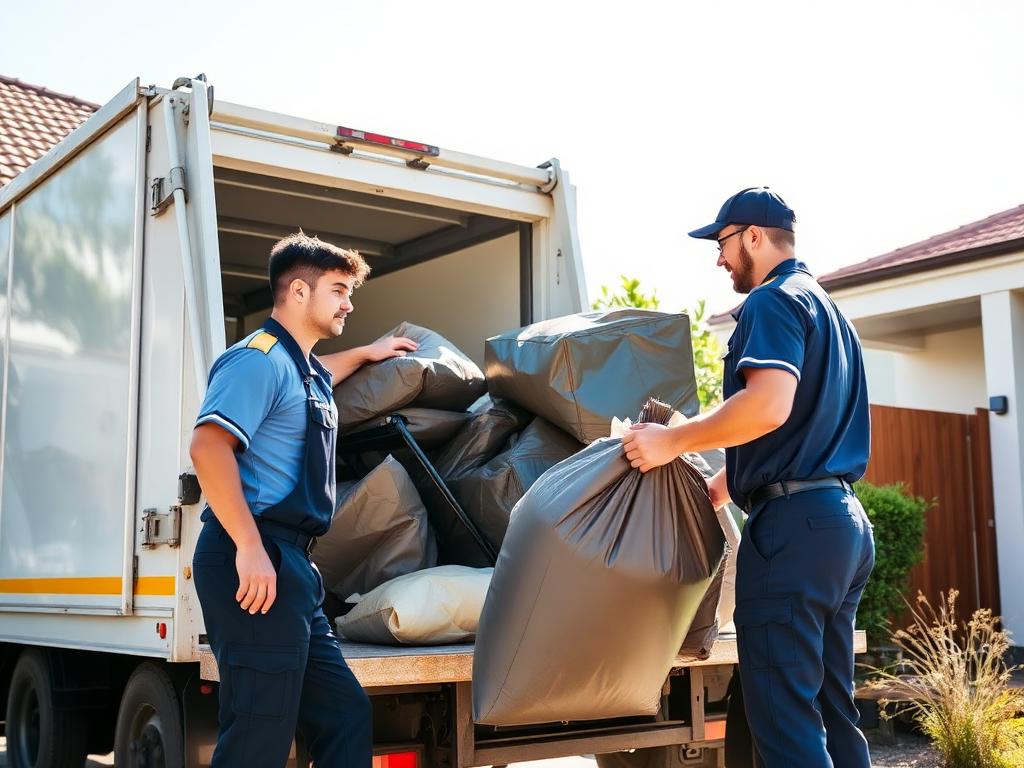 Uniformed workers loading waste into a rubbish removal truck